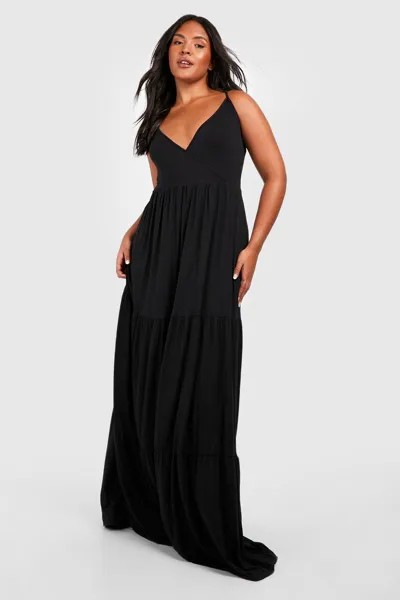 Многоярусное платье макси из джерси с бретелями Plus boohoo, черный