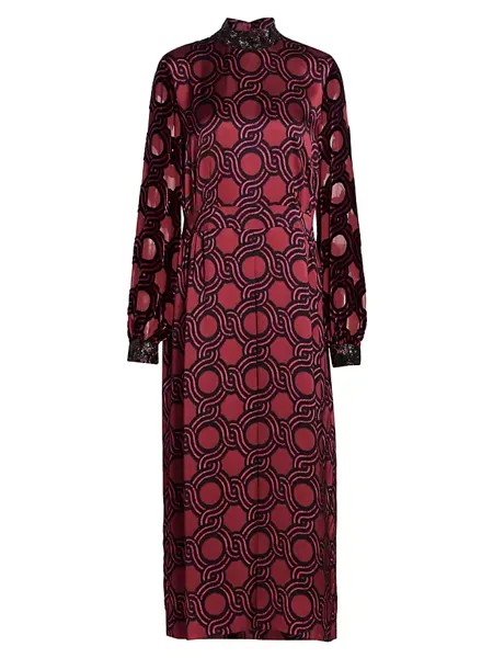 Платье миди с геометрическим принтом и декорированными манжетами Dries Van Noten, фуксия