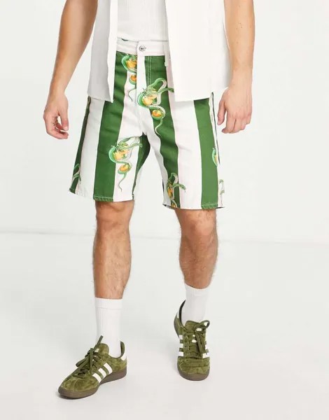 Джинсовые шорты Jack & Jones Premium в зеленую полоску со змеиным принтом