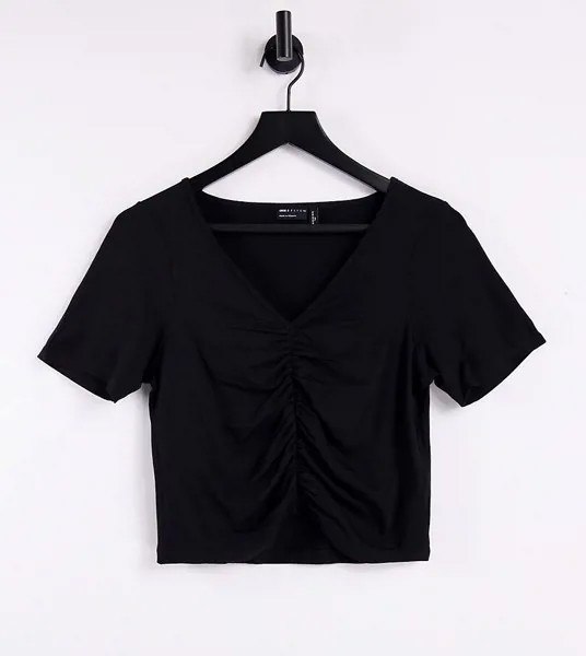 Черная укороченная футболка с V-образным вырезом и сборками спереди ASOS DESIGN Tall-Черный цвет