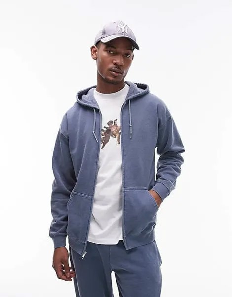 Толстовка Topman Vintage Wash Zip Up Oversize, синий