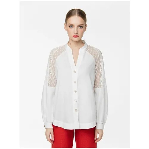 Блуза  Lo, нарядный стиль, трапеция силуэт, длинный рукав, пояс/ремень, размер 50, белый
