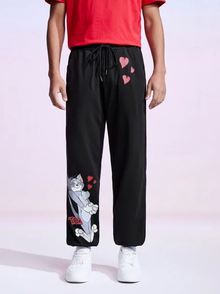 Мужские брюки с эластичными манжетами и рисунком SHEIN, черный