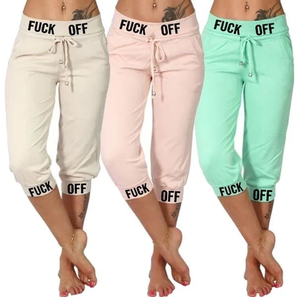 Летняя мода Женские брюки Fuck Off Эластичная талия 3/4 Бег Капри Шланг Strass Paisley Drawstring Спортивные фитнес-брюки