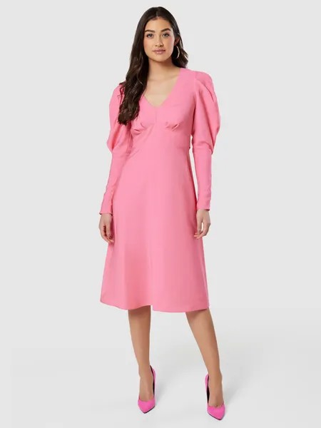 Платье миди с V-образным вырезом и пышными рукавами Closet London, Розовый