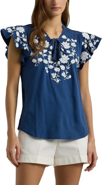 Топ LAUREN Ralph Lauren Floral-Embroidered Jersey Tie-Neck Top, цвет Indigo Dusk/White