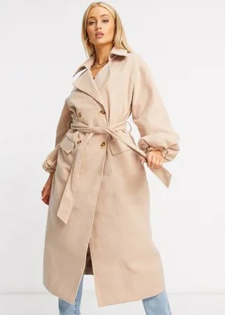 Светло-коричневое удлиненное пальто с пышными рукавами Missguided-Коричневый