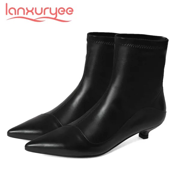 Эластичные ботинки Lanxuryee из коровьей кожи, корейский стиль, уличный стиль, заостренный носок, тонкий средний каблук, без застежки, Офисная Же...