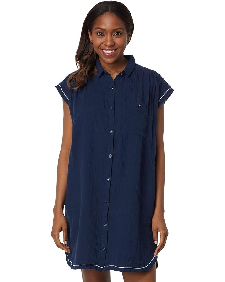 Платье Lilla P Short Sleeve Button-Down, темно-синий