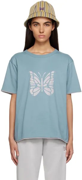 Сине-серая двусторонняя футболка с принтом NEEDLES