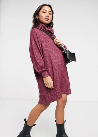 Бордовое меланжевое мягкое платье-джемпер мини с длинными рукавами и отворачивающимся воротником ASOS DESIGN Petite-Фиолетовый