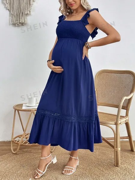 SHEIN Платье для беременных с квадратным вырезом и летящими рукавами, темно-синий