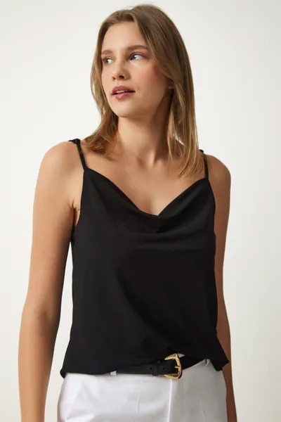 Женская черная вязаная блузка без бретелек с воротником песочного цвета Happiness İstanbul, черный