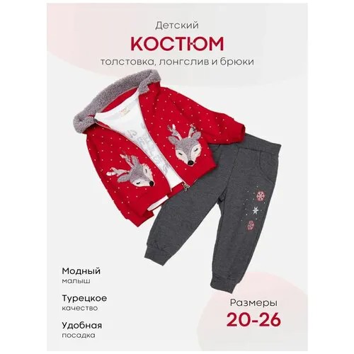 Костюм для девочки теплый с начесом: толстовка с капюшоном, лонгслив, штаны 1 год, 2 года - 24