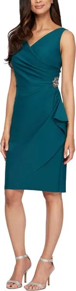 Короткое утягивающее платье со сборками и рюшами (для миниатюрных и обычных размеров) Alex Evenings, цвет Deep Teal