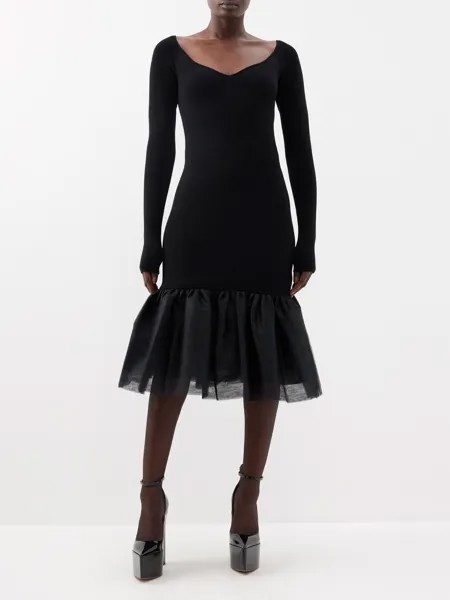 Платье миди с тюлевой отделкой из смесовой шерсти Nina Ricci, черный