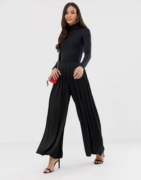 Черные плиссированные брюки с широким штанинами и завышенной талией The Girlcode-Черный