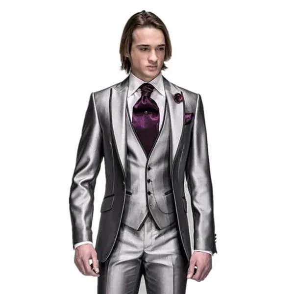 Мужской яркий серебристый Блейзер на одной пуговице, 3 предмета (пиджак + жилет + брюки)