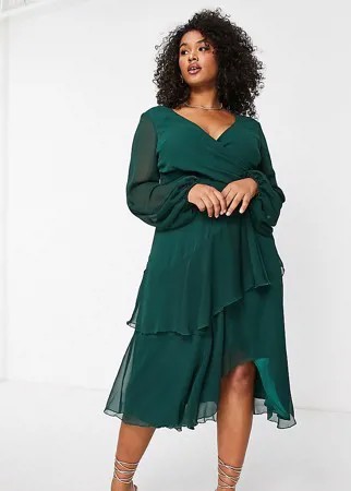 Зеленое платье миди с запахом на талии и двухслойной юбкой ASOS DESIGN Curve-Зеленый цвет