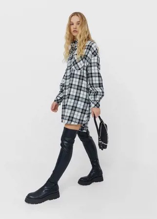 Серое платье-рубашка бойфренда в клетку в стиле oversized Stradivarius-Серый