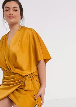 Платье мини в стиле кимоно с запахом и завязкой ASOS DESIGN Curve-Желтый