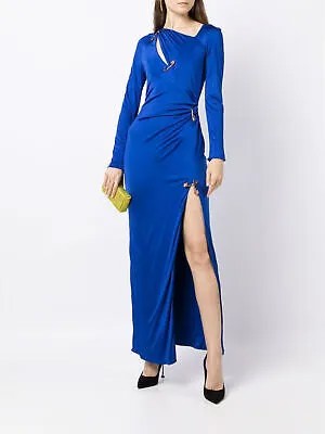 VERSACE Женское синее коктейльное платье в пол с вырезом и длинными рукавами на подкладке 46