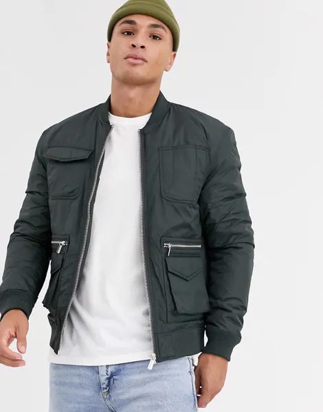 Бомбер цвета хаки в стиле милитари River Island-Зеленый