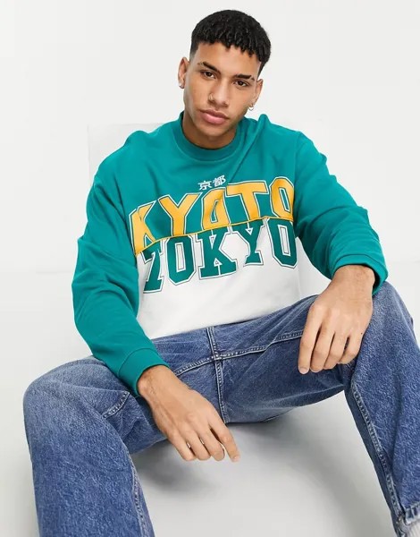 Oversized-свитшот в стиле колор блок с белыми и зелеными вставками и принтом ASOS DESIGN-Зеленый цвет