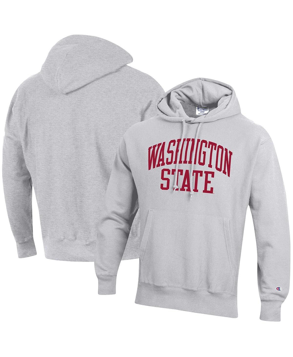 Мужской серый пуловер с капюшоном Washington State Cougars Team Arch обратного переплетения с принтом меланжевого цвета Champion