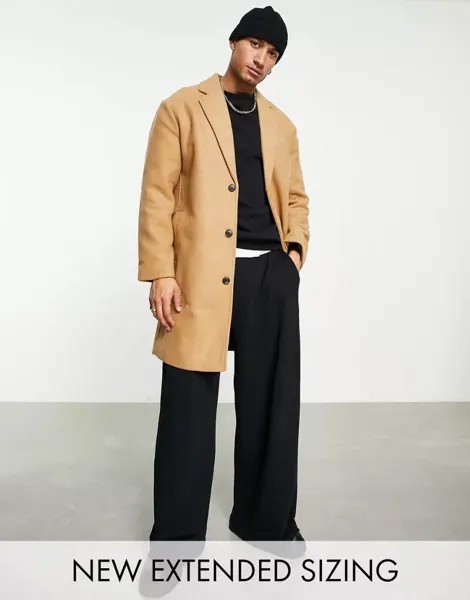 Длинное светло-коричневое пальто свободного кроя из смесовой шерсти ASOS