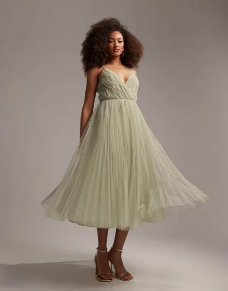 Плиссированное платье миди с бретелями из тюля ASOS DESIGN Bridesmaid