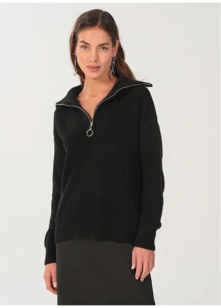 Вязаный черный женский свитер с воротником NGSTYLE