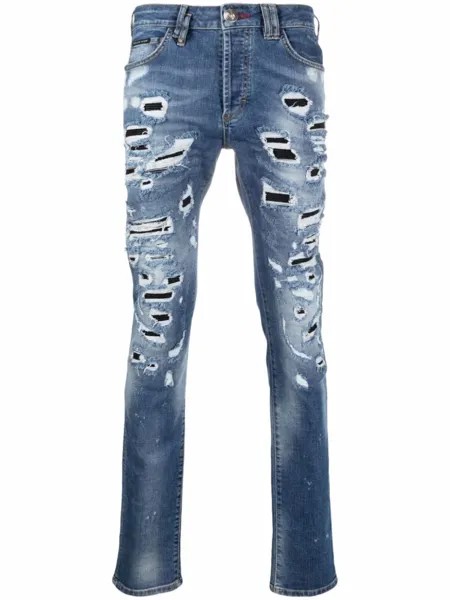 Philipp Plein джинсы прямого кроя с эффектом потертости, синий