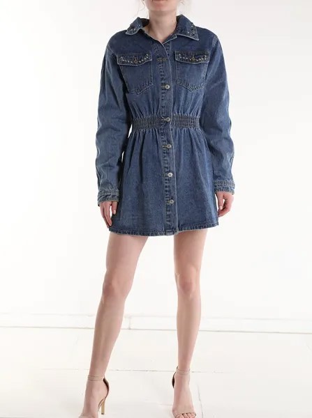Джинсовое платье-рубашка из хлопка с пуговицами, заклепками и карманами, синий