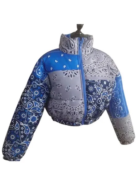 Milanoo Puffer Coats For Women Blue Warmth Preservation High Collar Zipper Long Sleeves Printed Stre