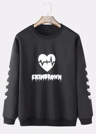 Mens Letter Сердце Print Crew Шея Хлопковые уличные пуловеры с капюшоном