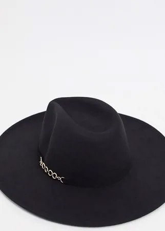 Эксклюзивная черная шапка-федора с широкими полями и декоративной цепочкой My Accessories London-Черный цвет