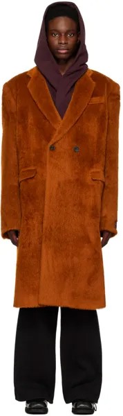 Коричневое двубортное пальто Raf Simons