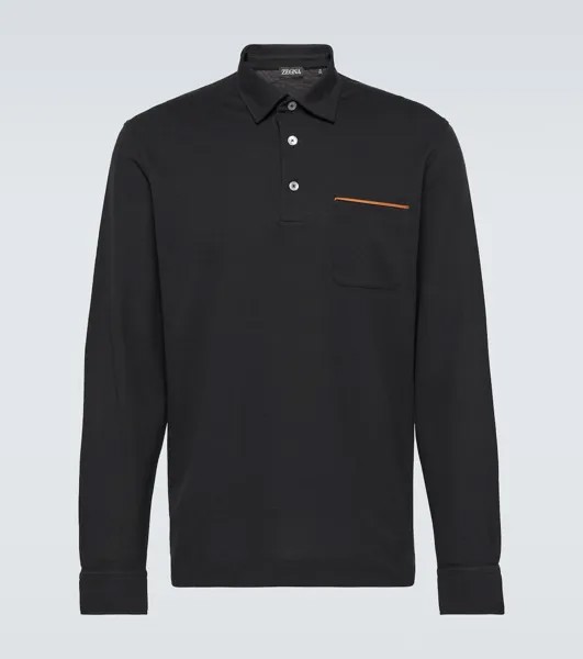 Рубашка-поло из хлопкового пике с длинными рукавами Zegna, черный