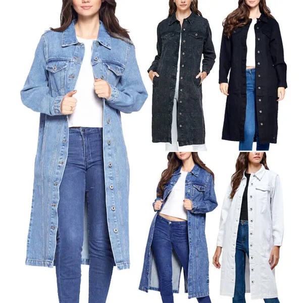 Женское длинное джинсовое хлопковое длинное повседневное пальто макси длины на пуговицах, джинсовая куртка