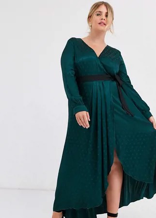 Зеленое атласное платье с запахом и контрастным поясом Little Mistress Plus-Зеленый