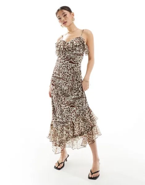 River Island – коричневое платье миди с асимметричной оборкой в ​​анималистический принт