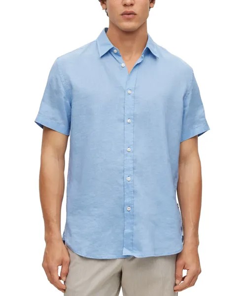 Мужская рубашка приталенного кроя с короткими рукавами из эластичного льна шамбре Hugo Boss