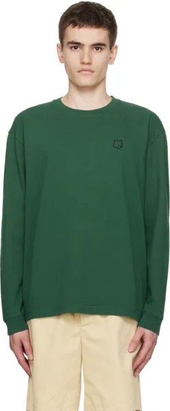 Зеленая футболка с длинным рукавом и головой лисы Maison Kitsune