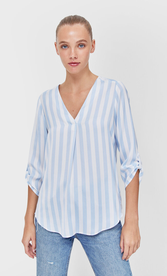 Stradivarius Рубашка В Полоску С Рукавами 3/4 Небесно-Голубой M