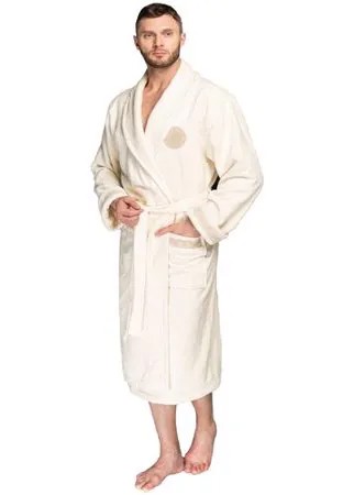 Халат мужской велюровый Gianni, воротник шалька, вышивка (крем) (M)