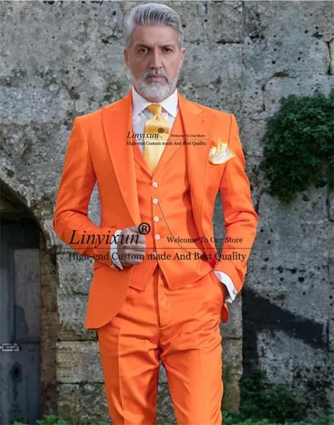 Блестящие Оранжевые мужские костюмы, рабочий деловой блейзер с заостренными лацканами, комплект из 3 предметов, жилет и брюки, смокинги для жениха, мужской костюм вечерние вечеринки и выпускного