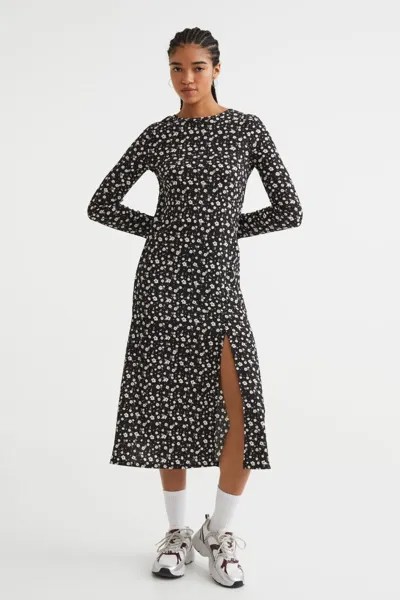 Платье крест-накрест из джерси H&M, черный/маленькие цветы