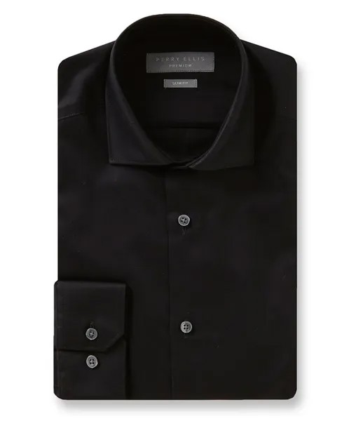 Классическая рубашка узкого кроя Perry Ellis Premium из однотонного твила с раздвинутым воротником, черный