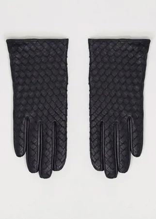 Черные кожаные перчатки для сенсорных экранов с плетеным узором ASOS DESIGN-Черный цвет